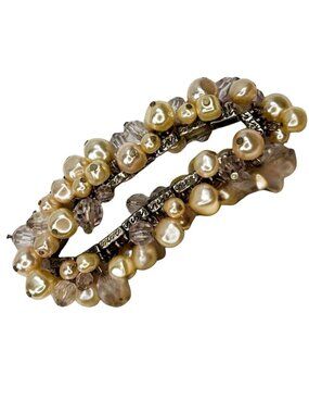 Simulated Pearl & Faceted Glass Bead Bracelet Stretch EUC Boho Bohemian Elegant